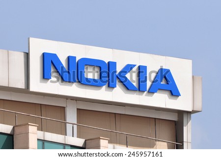 BENGALURU, INDIA - DECEMBER 9, 2014: Logo of Nokia on an office building. Nokia is a Finnish multinational communications and information technology company.