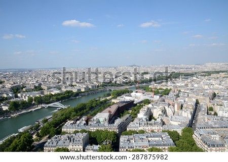 View of Paris city from the second level of Eiffel Tower.