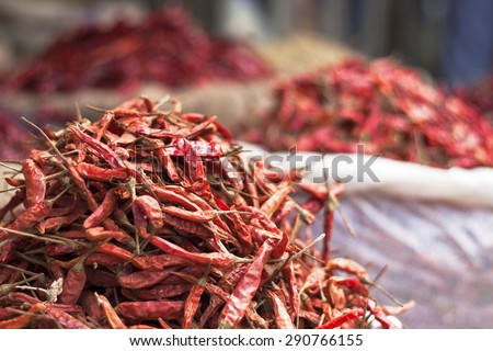 Red Hot Indian Chillies: a very important ingredient in Indian cuisine and its umpteen dishes. Sacks of it in Bangalore City Market
