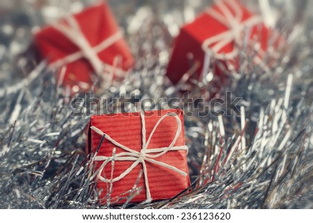 Close up of red gift boxes in abstract Christmas decoration