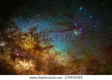 A picture of the milkyway galaxy around the Scorpius area. Processed by stacking multiple exposure into one picture. Contain noise.