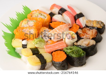 Set of Sushi Roll Japanese food seafood on white plate