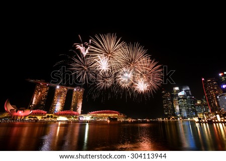 Singapore August, 1 2015: Firework for Fiftieth anniversary of Singapore 50 years National Day Golden Jubilee at Marina Bay (Real day is August 9, 2015)