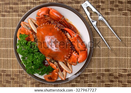 Big leg crab curry dish seafood in Restaurant dinner food top view