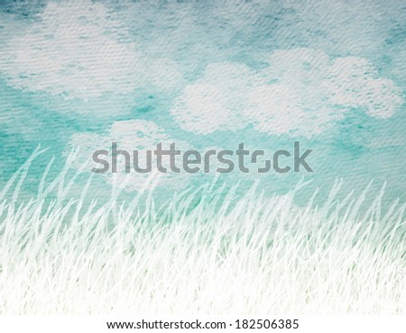 Blue sky and fields on paper texture background. Hand drawn.