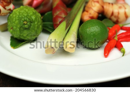 Fresh herbs and spices (chili, lime, lemon grass, galangal  and kaffir lime)