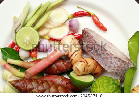 Raw fish with fresh herbs and spices (chili, lime, lemon grass, galangal  and kaffir lime)