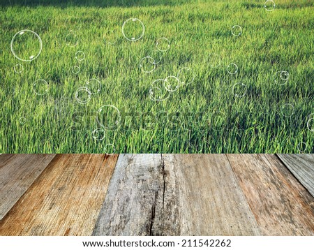 Green field with soap bubbles. Wood planks floor. Beauty nature background