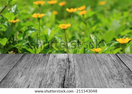 Wood planks floor with beautiful yellow flower background.