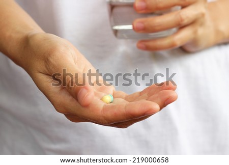 Woman hand holding a capsule and glass of water. woman taking medication.