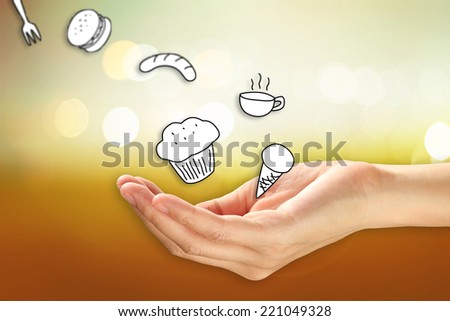 Doodle food flying from human hand. Concept about healthy.