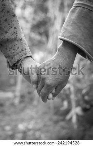 Hands of an elderly couple, close-up.