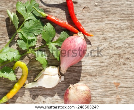 Red onion on wood table, Spice on wooden background.