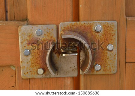 A rusty gate lock showing signs of corrosion through moisture and cold weather.