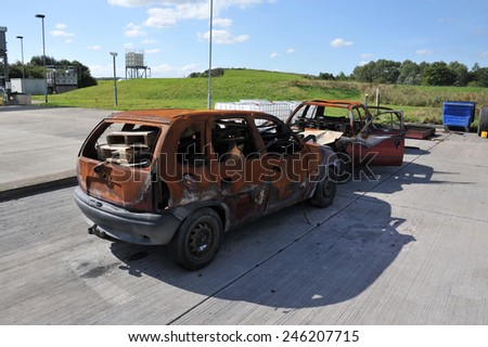 Burnt out cars used for fire training at London, Gatwick