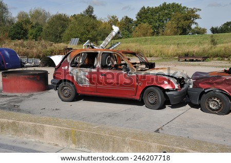 Burnt out cars used for fire training at London, Gatwick