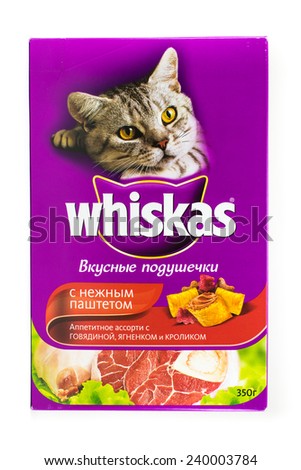 OSINNIKI, RUSSIA - DECEMBER 15, 2014: Pack of Whiskas Cat Food on a White Background
