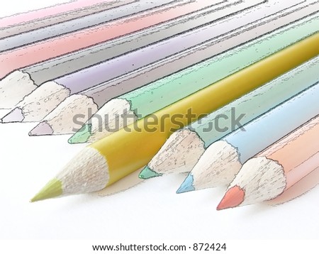 yellow pencil crayon isolated in a photographed state set apart from other pencil crayons in a hand drawn state