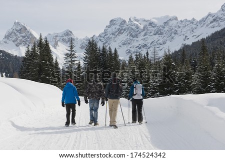Group  hiking on a snowy trail in val di fassa, in the dolomites