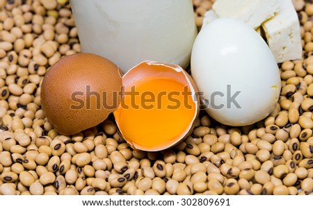 Protein source: egg and soy product - tofu and boiled egg - on soy beans background