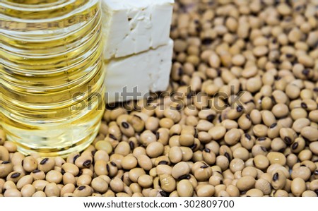 Soy product: Soy beans oil near tofu on soy bean background focused on oil bottle