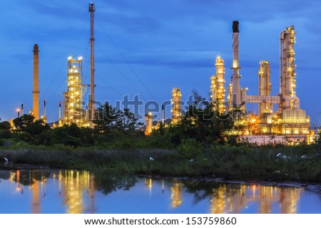Petrochemical plant at night with reflection on water