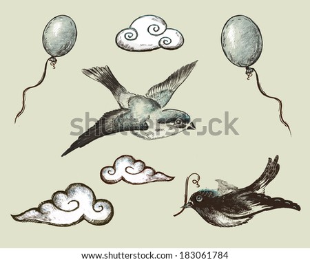 Vintage decorative elements drawn in the background. Author\'s drawing.\
Birds, Clouds, balloons.
