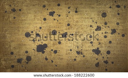 Texture with printed letters and blots.