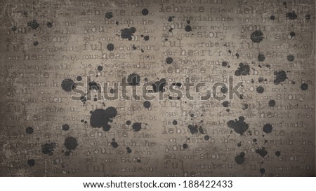 Texture with printed letters and blots.