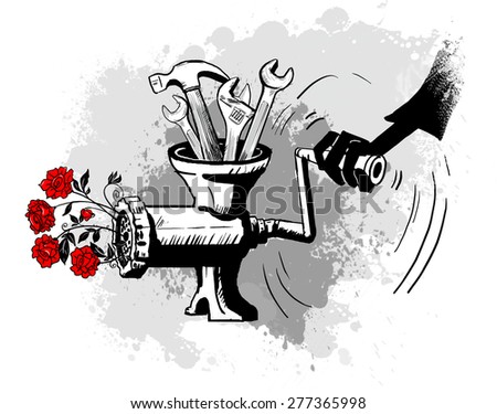 Illustration grinder grind iron tools in flowers.machine\
Recycling.