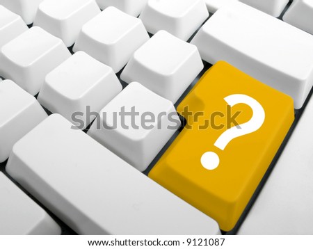 Computer keyboard. Enter key replace with yellow interrrogation key. Question key concept.
