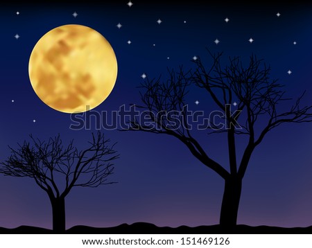 Vector night landscape with trees and moon and stars