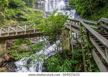 Amicalola Falls, stairs, and foot bridge,  in Georgia\'s State Park.