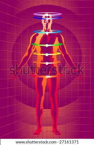Vector illustration of man meditating  as his chakras energy centers are activated with the help of cyber space technology