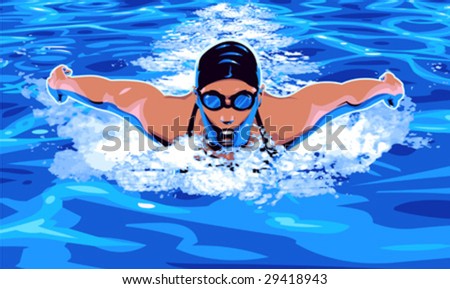 vector clip art illustration of woman swimmer in competitive swimming event. Artwork does NOT include any gradients, to maximize compatibility with the vector software of your choice