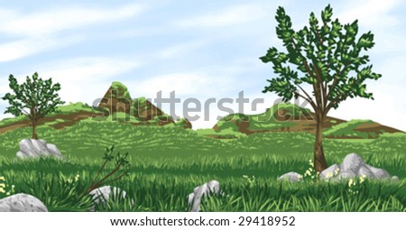 Vector illustration of grassland valley landscape with vector sky. Artwork does NOT include any gradients, to maximize compatibility with the vector software of your choice