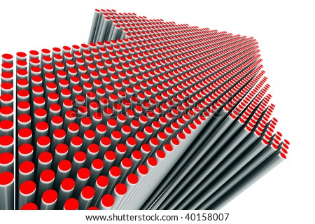 stock photo : 3D rendered red arrow composed of doted cylinders in diminishing perspective, metaphor
