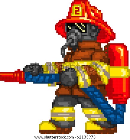Pixel art Vector illustration of Firefighter. Artwork is composed of editable vector squares. Artwork is clearly and crisply readable in both large and tiny sizes.