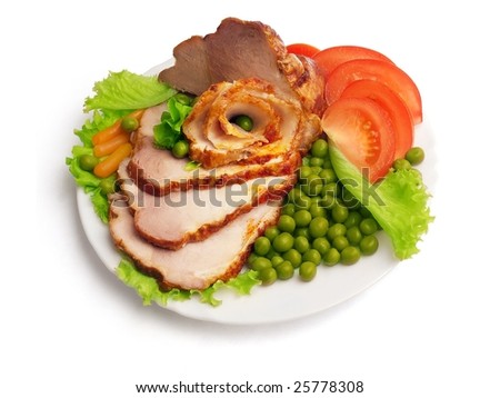 Cold boiled pork decorated with salad, tomatoes and green pea on the plate over white background