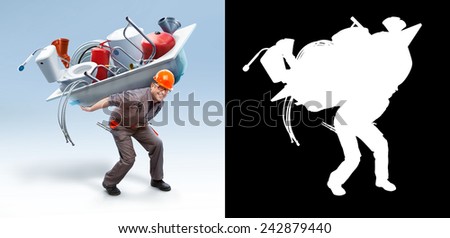 Worker holding bathtub with sanitary engineering on his back // showing big assortment (with mask)