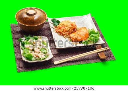 Eastern food. Business lunch. Isolated on chroma key.