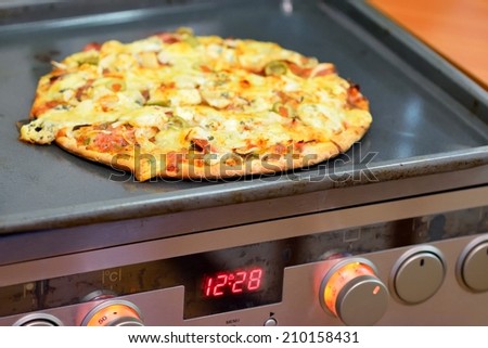 Freshly baked homemade pizza on the kitchen electric oven