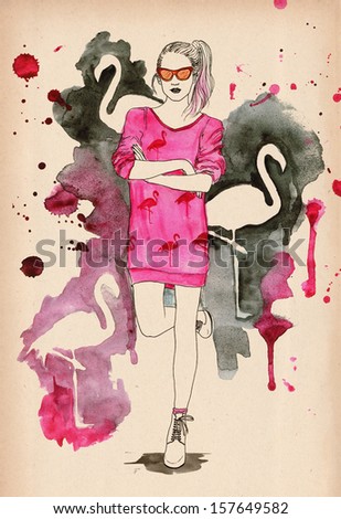 Fashion Illustration Girl With Flamingos