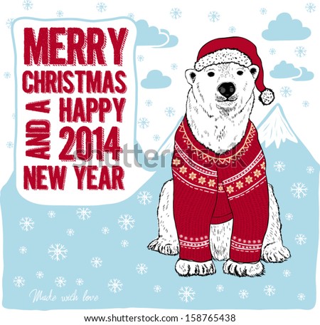 Merry Christmas And Happy New Year Card With Polar Bear In Red Hat And Sweater