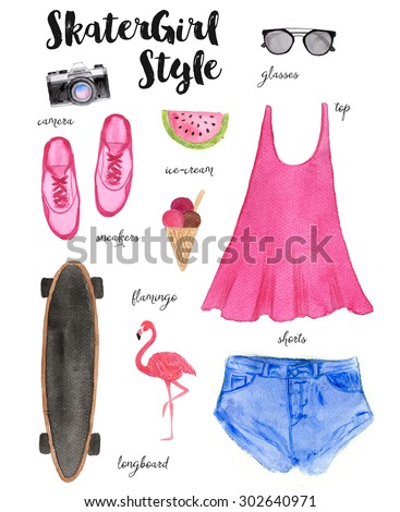 Summer outfit. Hand drawn watercolor fashion illustration.