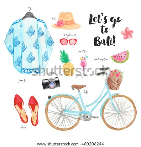 Summer outfit. Hand drawn watercolor fashion illustration with red top, skirt, bag, shoes, sunglasses, ice cream, camera, motorbike. Let\'s go to Bali. Travel poster.