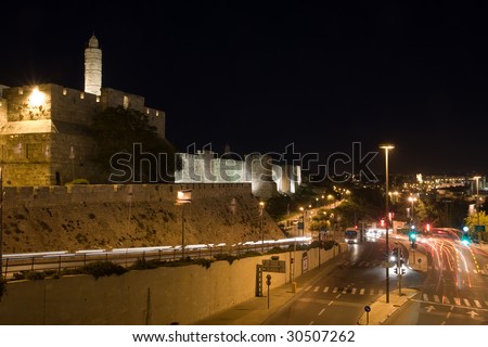 The tower of David in Jerusalem with surrounding traffic
