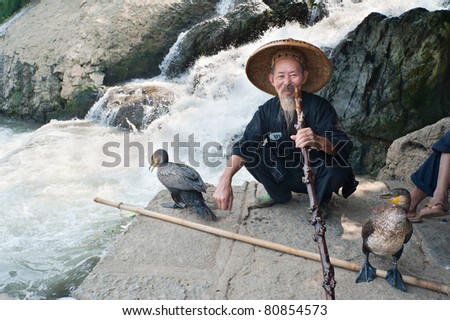 GUILIN, CHINA - OCTOBER 22: Unidentified elderly Chinese fisherman sitting and resting with his cormorant birds October 22, 2008, Guilin, China. The cormorant birds are used as a tool to fish.
