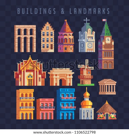 Popular buildings and landmarks pixel art 80s style icons set. Famous monuments, Tourist attraction. Thai temple. Arch of Triumph, Pyongyang. Colorful house. Isolated vector illustration. 8-bit sprite