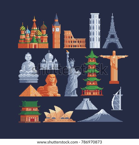 World sights. Architectural buildings. Pixel art style icons. Famous tourist attractions. Vacation time. Stickers design. Isolated vector illustration.